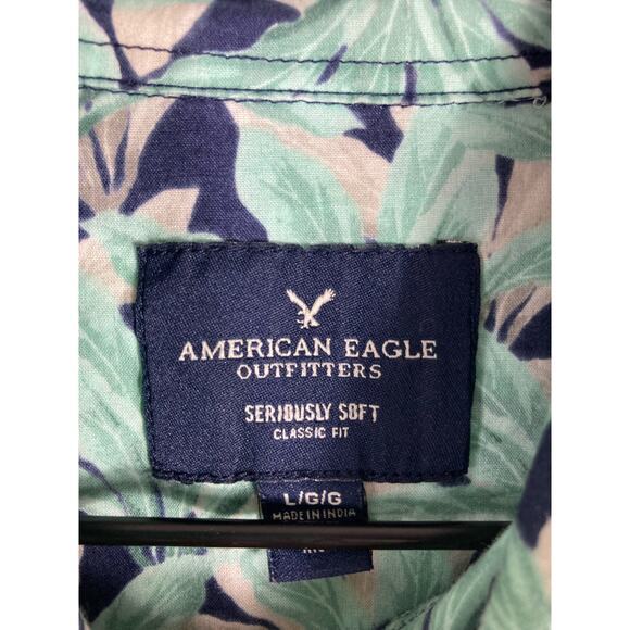 American Eagle Men’s Green Hawaiian Floral Button Down Long Sleeve Shirt M - Picture 2 of 7